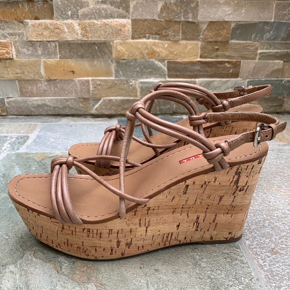 Prada cork wedge sandals, Size 8, Tan